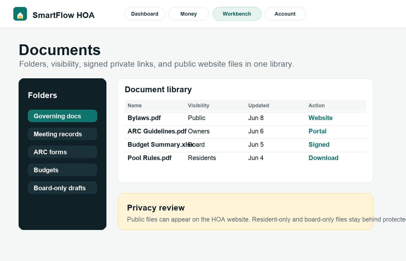 SmartFlow HOA documents workspace showing folders, visibility labels, signed links, and download controls.