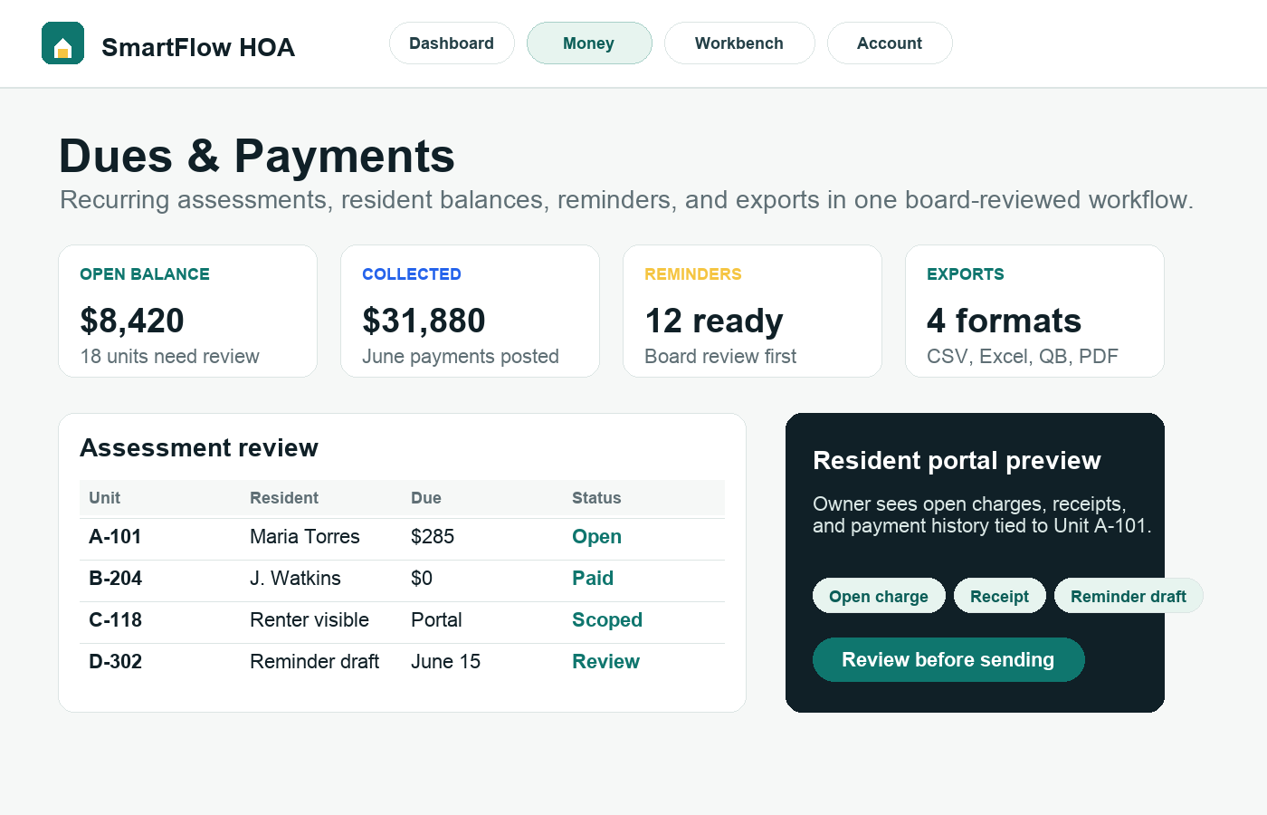 SmartFlow HOA tutorial preview showing dues, resident portal, and board workflow screens