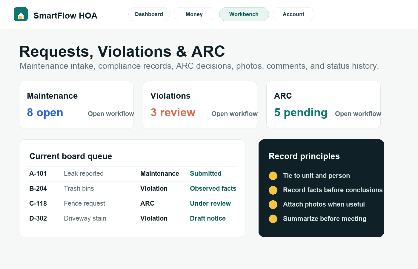 SmartFlow HOA request workspace showing maintenance, violation, and ARC records with status and history.