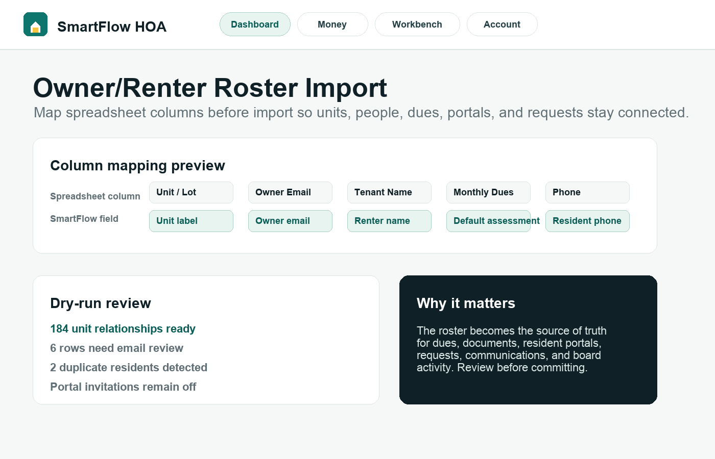 SmartFlow HOA roster import screen showing column mapping for units, owners, renters, emails, phones, and dues defaults.